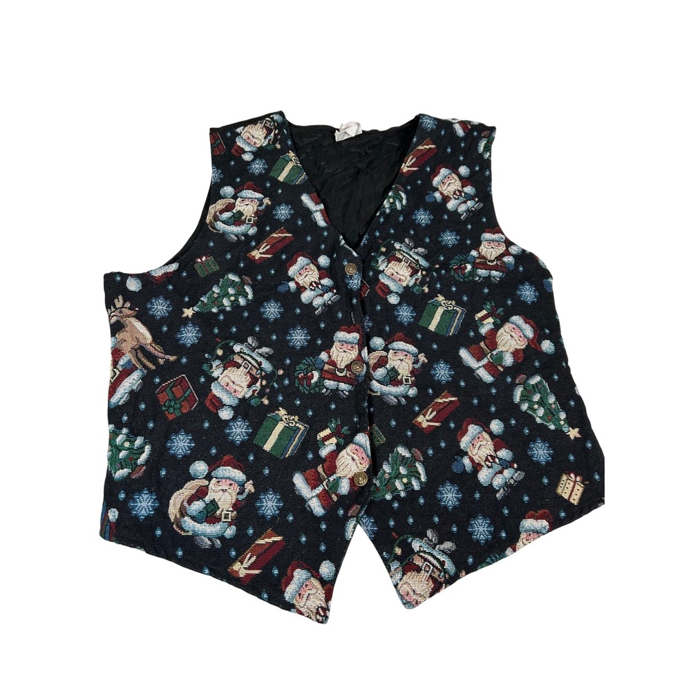 Bobbie Brooks Vest Women's XL Black Christmas Santa Reindeer Tapestry Vintage